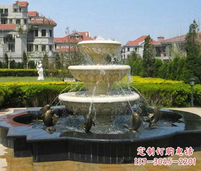 广州别墅景观多层鲤鱼喷泉石雕