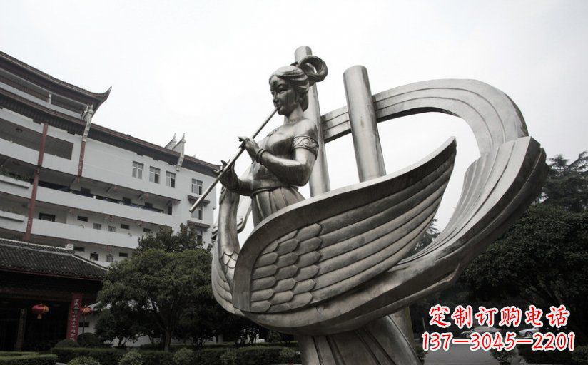 广州古典美女不锈钢吹笛子雕塑