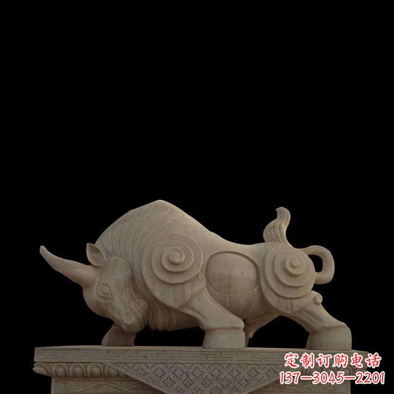 广州抽象牛砂岩雕塑-生肖动物石雕摆件