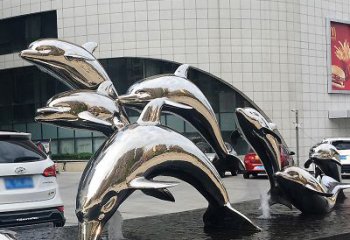 广州海豚雕塑点亮城市商场的不锈钢镜面水景