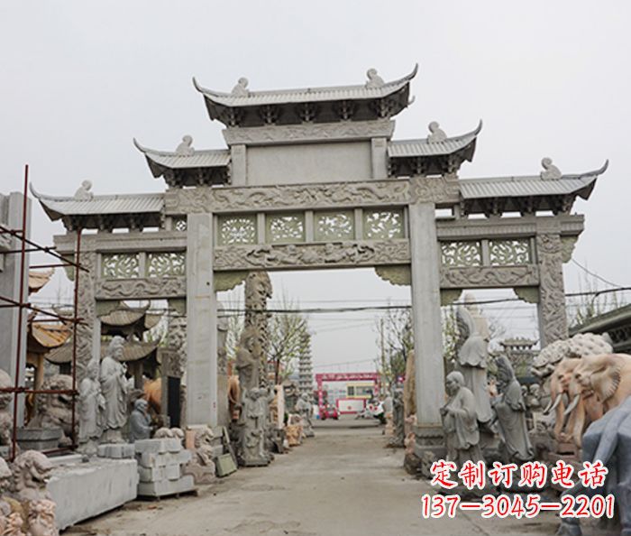 广州村庄大理石三门牌坊石雕 (3)