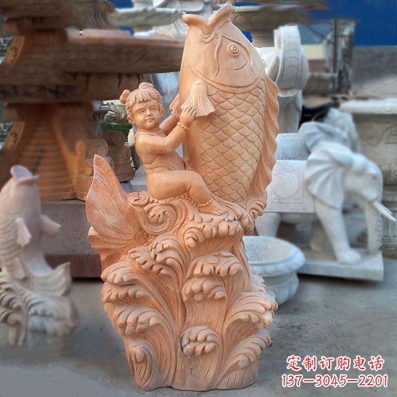 广州大型喷水鲤鱼雕塑-晚霞红石喷泉