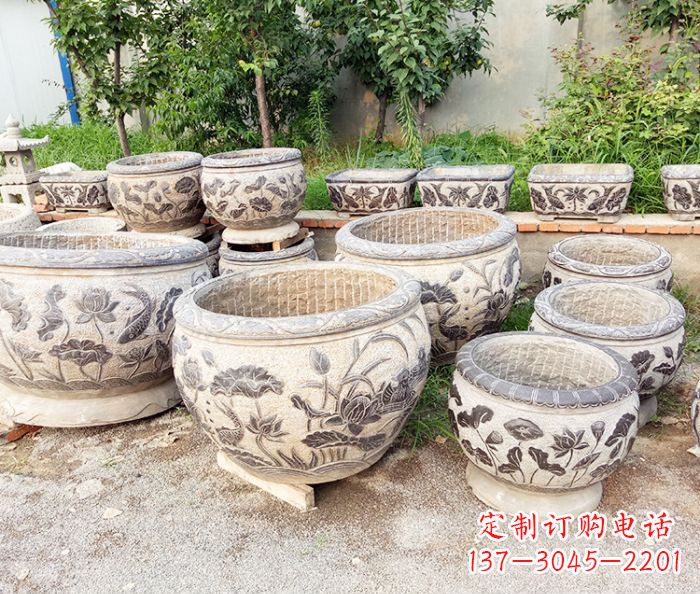 广州仿古石雕鲤鱼浮雕水缸
