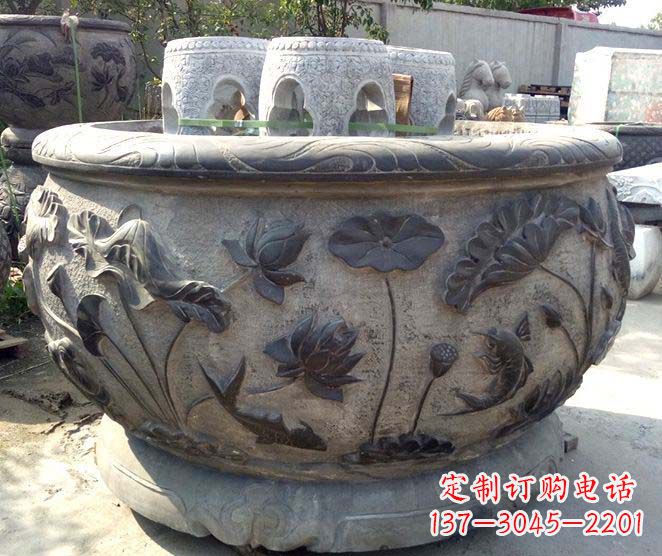 广州精美仿古荷花鲤鱼浮雕石水缸