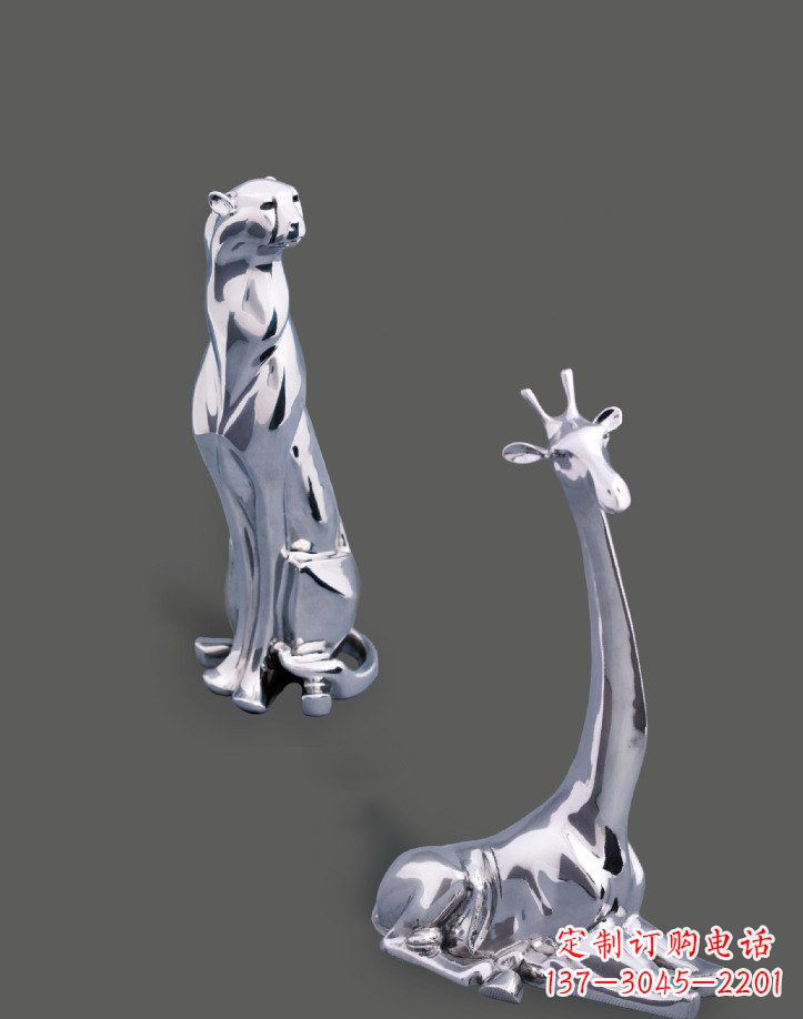 广州公园不锈钢豹子长颈鹿动物雕塑