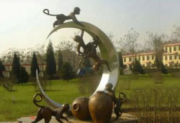广州不锈钢猴子拉月亮雕塑