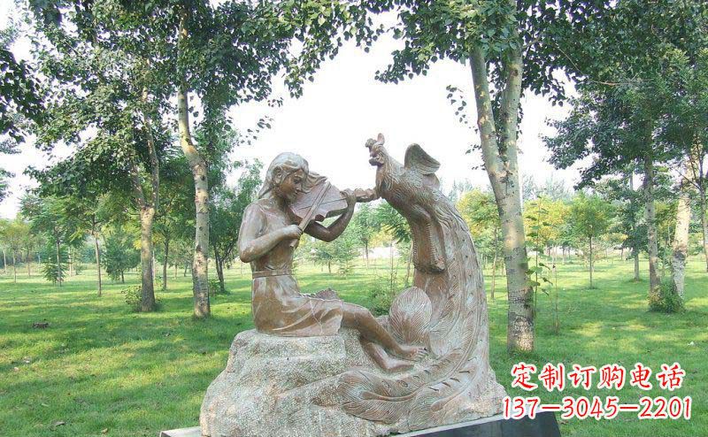 广州公园拉小提琴的女孩和凤凰景观铜雕