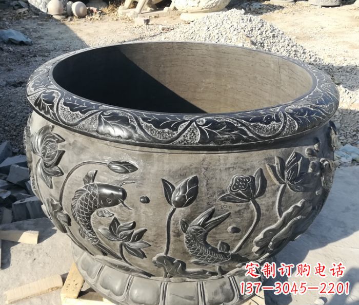 广州公园青石仿古连年有余石浮雕荷花水缸