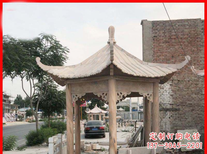 广州公园晚霞红六角石凉亭雕塑