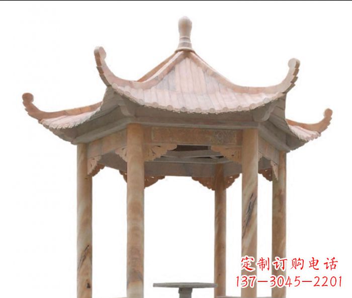 广州美丽而优雅的公园晚霞红六角石凉亭雕塑