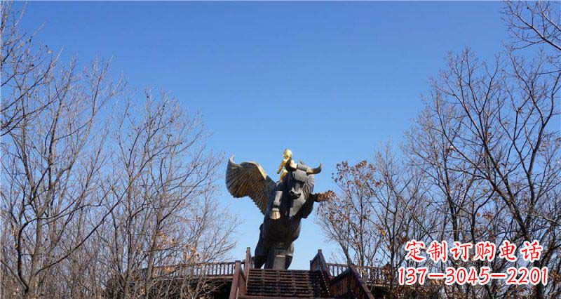 广州精美铜雕雕塑——可爱小男孩站在飞牛上