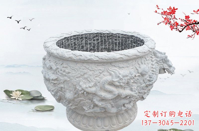 广州汉白玉龙浮雕水缸