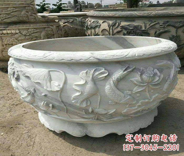 广州荷花鲤鱼石雕招财水缸