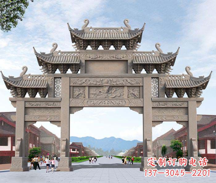 广州景区三门石雕牌楼——精美雕塑定制
