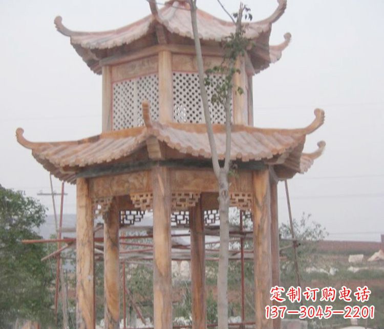 广州双层晚霞红石凉亭石雕 (2)