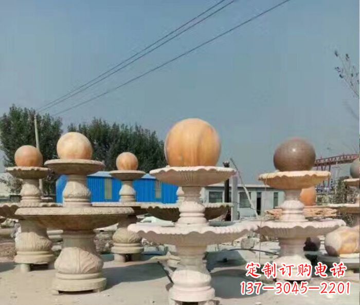 广州晚霞红多层风水球喷泉石雕