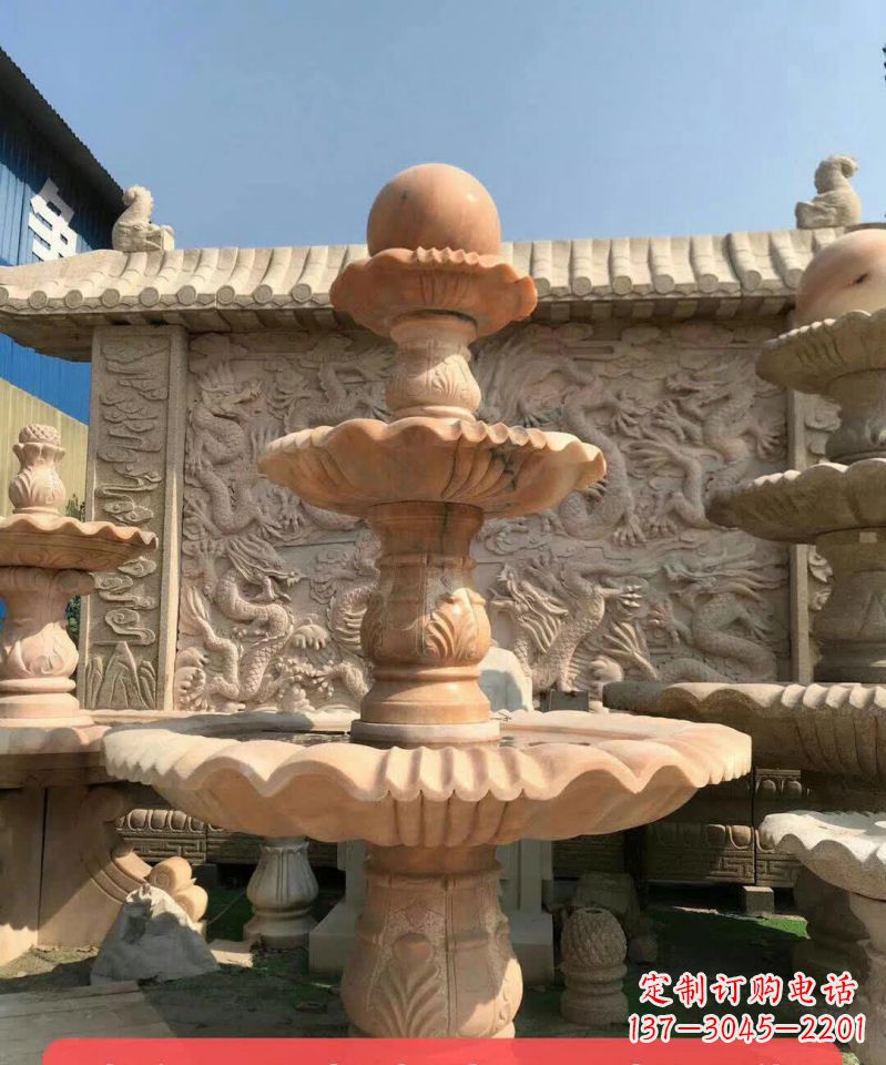 广州晚霞红风水球石雕喷泉