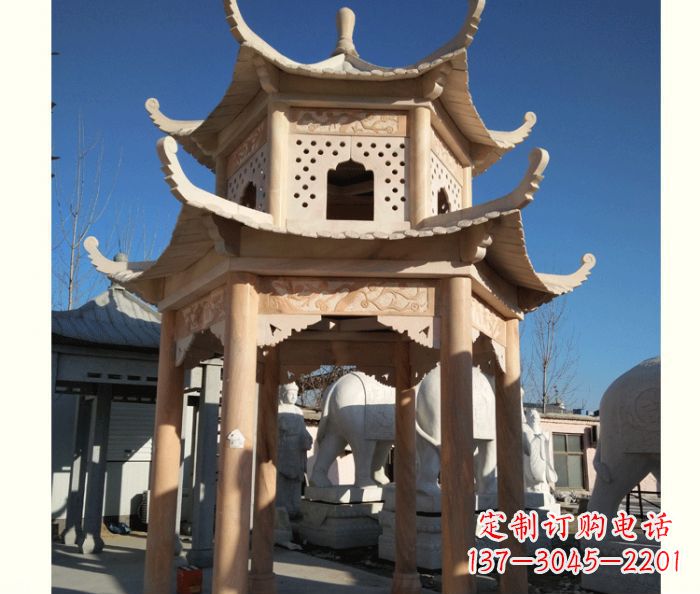 广州晚霞红公园双层六角凉亭石雕 (2)
