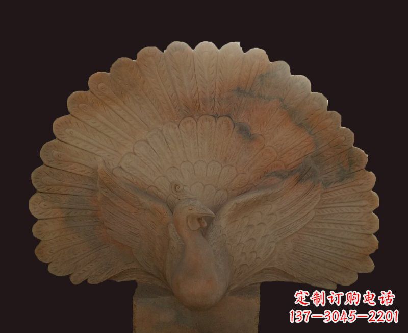广州晚霞红开屏孔雀石雕