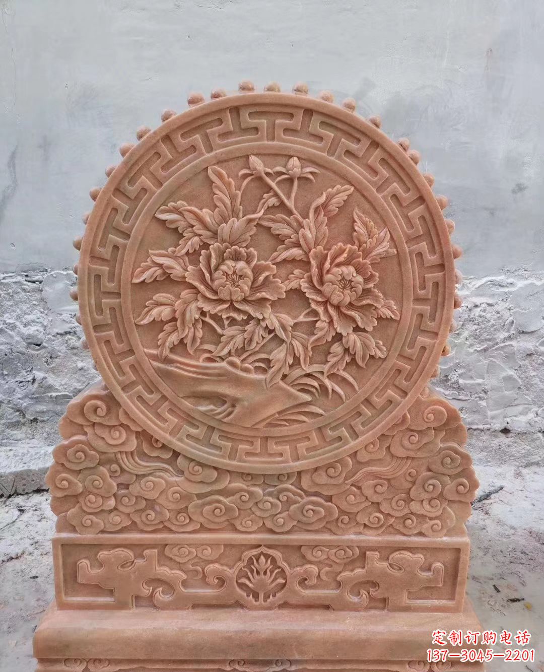 广州晚霞红牡丹花浮雕石门墩