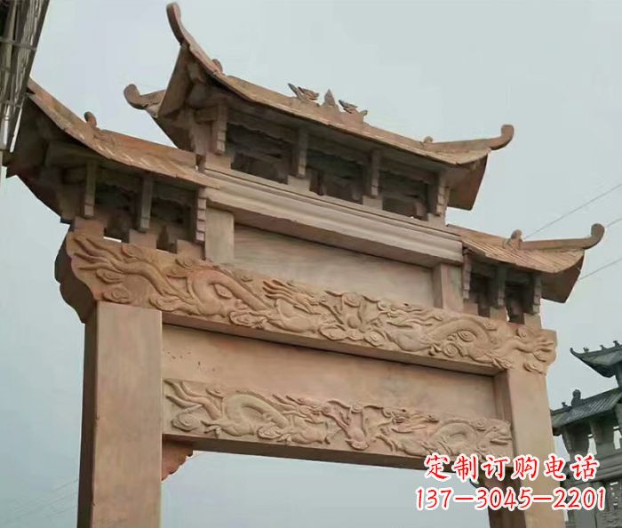 广州晚霞红石雕单门牌坊