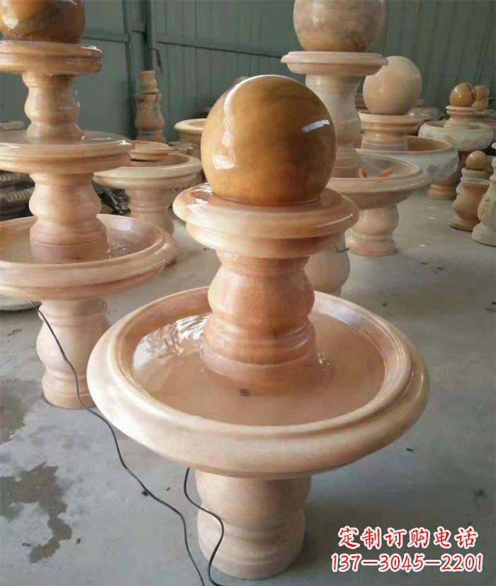 广州晚霞红双层风水球别墅喷泉石雕
