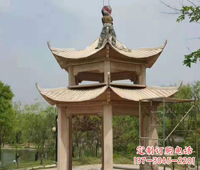广州晚霞红双层凉亭石雕 (2)
