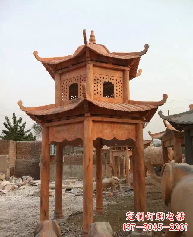 广州晚霞红双层凉亭石雕
