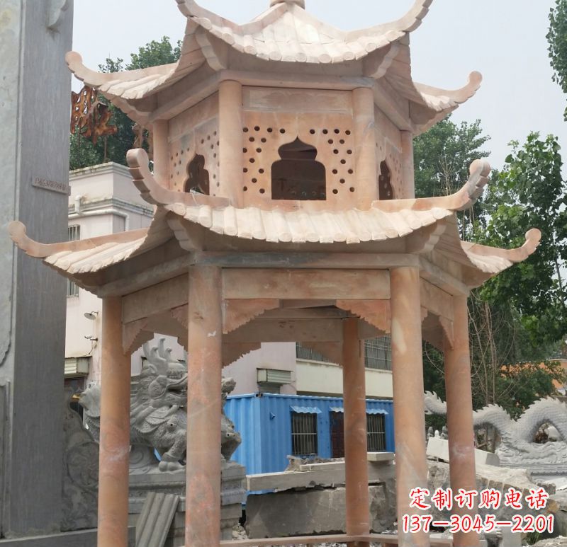 广州晚霞红双层六角凉亭石雕 (2)