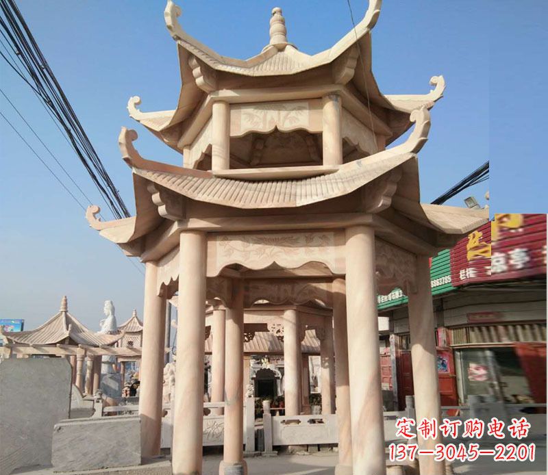 广州晚霞红双层六角凉亭石雕 (3)