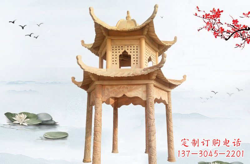 广州晚霞红双层六角凉亭石雕