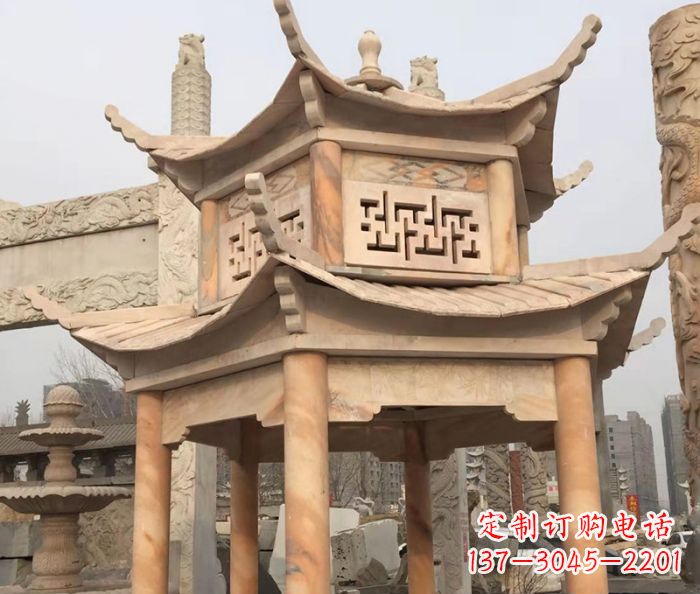 广州晚霞红双层石雕凉亭