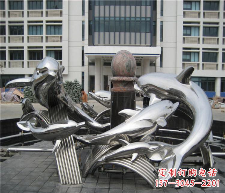 广州校园不锈钢海豚海浪雕塑