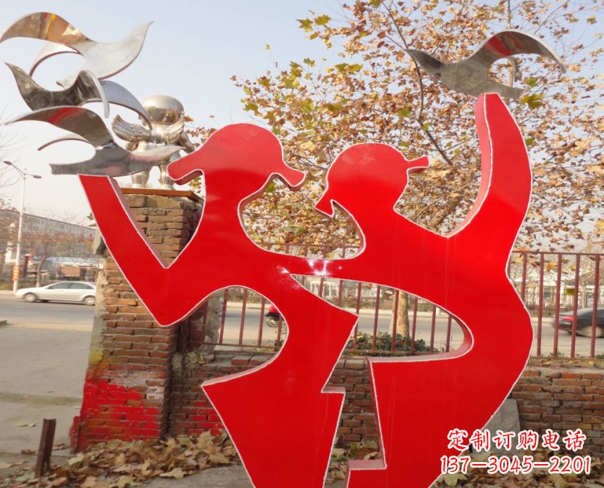 广州校园不锈钢剪影人物和和平鸽雕塑