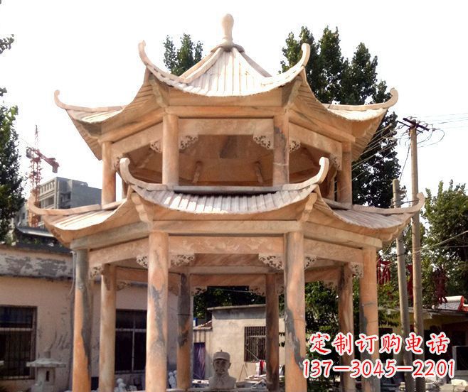 广州园林景观晚霞红双层石雕凉亭