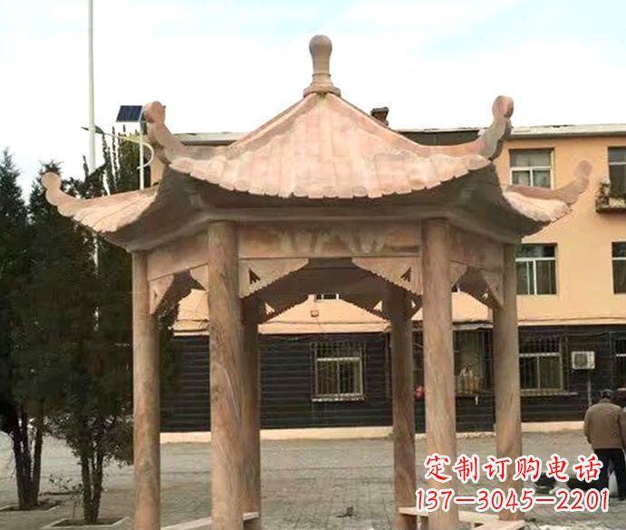 广州园林晚霞红六角石雕凉亭