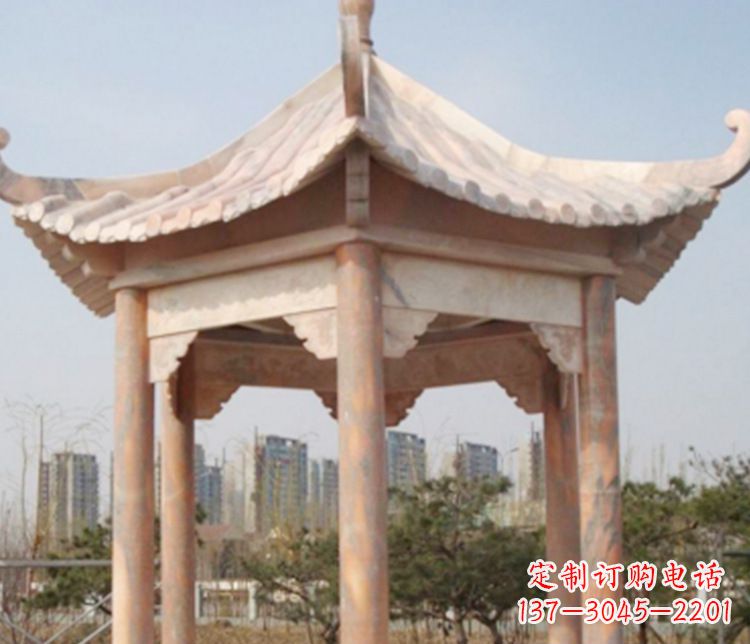 广州园林晚霞红六角石凉亭景观石雕