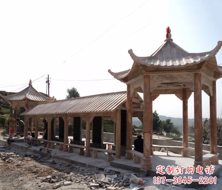 广州园林晚霞红长廊凉亭景观石雕