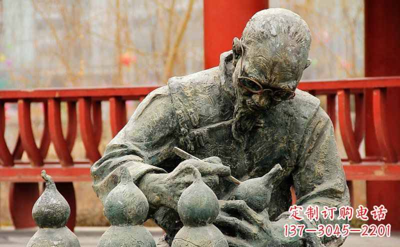 广州园林在葫芦上刻字的老人小品铜雕