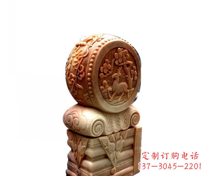 广州招财石门墩晚霞红抱鼓石