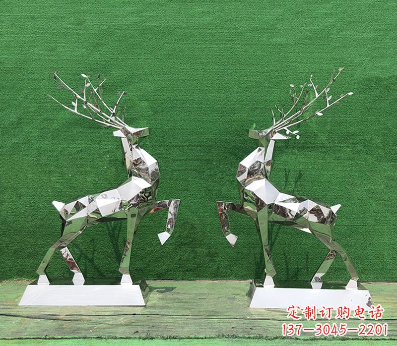 广州梅花鹿雕塑-公园两只不锈钢镜面梅花鹿雕塑