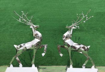 广州梅花鹿雕塑-公园两只不锈钢镜面梅花鹿雕塑